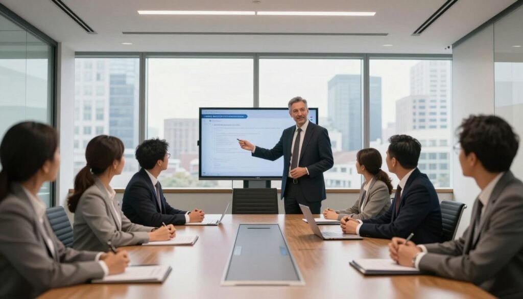 A modern corporate boardroom setting with a sleek, polished conference table at the center. In the foreground, a diverse group of professionals, including Ralph Mupita, dressed in sharp business attire, engaged in a strategic discussion. Ralph, a middle-aged man with a confident posture, exudes leadership as he presents ideas on a digital screen. The middle ground features a backdrop of large windows showcasing a city skyline, allowing soft, natural light to fill the room and create a bright, optimistic atmosphere. The mood is focused yet collaborative, with warm tones enhancing the professionalism of the environment. The camera angle is a dynamic slightly elevated view, capturing both the individuals and the architectural elegance of the boardroom. A modern corporate boardroom setting with a sleek, polished conference table at the center. In the foreground, a diverse group of professionals, including Ralph Mupita, dressed in sharp business attire, engaged in a strategic discussion. Ralph, a middle-aged man with a confident posture, exudes leadership as he presents ideas on a digital screen. The middle ground features a backdrop of large windows showcasing a city skyline, allowing soft, natural light to fill the room and create a bright, optimistic atmosphere. The mood is focused yet collaborative, with warm tones enhancing the professionalism of the environment. The camera angle is a dynamic slightly elevated view, capturing both the individuals and the architectural elegance of the boardroom.