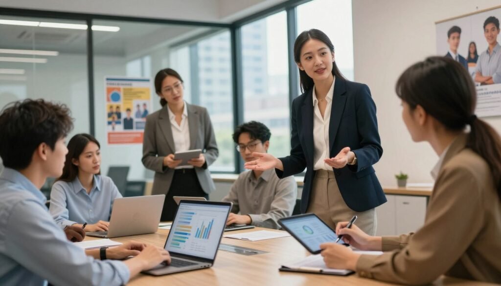 A modern corporate office setting, showcasing a diverse group of professionals engaged in a dynamic recruitment meeting. In the foreground, a confident woman in professional attire is leading the discussion, surrounded by a team comprising a man analyzing data on a laptop and a woman taking notes on a digital tablet. The middle ground features a large glass window with natural light streaming in, highlighting a vibrant cityscape outside. In the background, motivational posters about skill development and teamwork can be faintly seen on the walls. The atmosphere is collaborative and focused, with warm lighting creating an inviting and energetic mood. The angle is slightly tilted to capture the interaction between the team members effectively. A modern corporate office setting, showcasing a diverse group of professionals engaged in a dynamic recruitment meeting. In the foreground, a confident woman in professional attire is leading the discussion, surrounded by a team comprising a man analyzing data on a laptop and a woman taking notes on a digital tablet. The middle ground features a large glass window with natural light streaming in, highlighting a vibrant cityscape outside. In the background, motivational posters about skill development and teamwork can be faintly seen on the walls. The atmosphere is collaborative and focused, with warm lighting creating an inviting and energetic mood. The angle is slightly tilted to capture the interaction between the team members effectively.