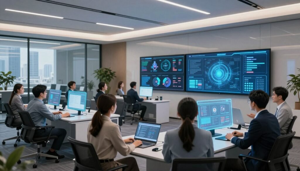 A modern corporate training environment showcasing innovative AI-driven learning. In the foreground, a diverse group of professionals in business attire engaged in a collaborative session, examining holographic data projections that illustrate digital courses and training modules. The middle ground features sleek, minimalist office furniture and large screens displaying advanced analytics. In the background, soft ambient lighting sets a futuristic mood, with glass walls showing a scenic urban skyline. Use a slight upward angle to capture the dynamism of the space, emphasizing the integration of technology in corporate training. Overall, convey a sense of excitement and transformation in the world of enterprise learning through AI. A modern corporate training environment showcasing innovative AI-driven learning. In the foreground, a diverse group of professionals in business attire engaged in a collaborative session, examining holographic data projections that illustrate digital courses and training modules. The middle ground features sleek, minimalist office furniture and large screens displaying advanced analytics. In the background, soft ambient lighting sets a futuristic mood, with glass walls showing a scenic urban skyline. Use a slight upward angle to capture the dynamism of the space, emphasizing the integration of technology in corporate training. Overall, convey a sense of excitement and transformation in the world of enterprise learning through AI.