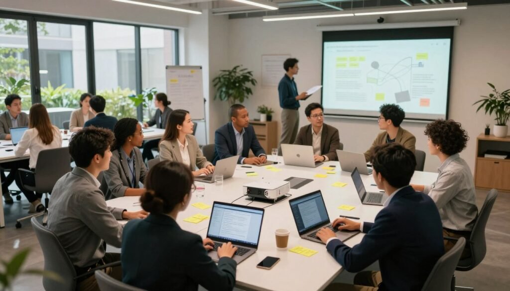 A modern coworking space bustling with innovation and support. In the foreground, a diverse group of professionals dressed in smart business attire engaging in a brainstorming session, surrounded by laptops and digital devices. In the middle, a large, bright communal table with collaborative tools like sticky notes, whiteboards, and a projector displaying innovative ideas. The background features large windows allowing natural light to flood in, with greenery visible outside, symbolizing growth and freshness. The atmosphere is vibrant and inspiring, promoting creativity and teamwork. Soft, warm lighting enhances the inviting ambiance, while a wide-angle lens captures the dynamic energy of the space. The overall mood is optimistic and forward-thinking, encouraging collaboration and innovation. A modern coworking space bustling with innovation and support. In the foreground, a diverse group of professionals dressed in smart business attire engaging in a brainstorming session, surrounded by laptops and digital devices. In the middle, a large, bright communal table with collaborative tools like sticky notes, whiteboards, and a projector displaying innovative ideas. The background features large windows allowing natural light to flood in, with greenery visible outside, symbolizing growth and freshness. The atmosphere is vibrant and inspiring, promoting creativity and teamwork. Soft, warm lighting enhances the inviting ambiance, while a wide-angle lens captures the dynamic energy of the space. The overall mood is optimistic and forward-thinking, encouraging collaboration and innovation.