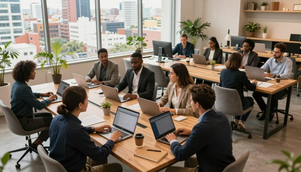 A modern coworking space filled with professionals engaging in collaborative work. In the foreground, a diverse group of individuals in professional business attire are seated around a large wooden table, some using laptops while others are discussing ideas. In the middle ground, there are stylish desks adorned with plants, notebooks, and coffee cups, emphasizing a comfortable yet productive atmosphere. The background features floor-to-ceiling windows allowing natural light to flood the space, revealing a view of the vibrant cityscape of Abidjan. The overall mood is energetic and inspiring, with bright colors and a contemporary design. The lighting is warm and inviting, creating a sense of focus and creativity. Capture this scene with a slightly elevated angle, showcasing the interactions and layout of the coworking environment. A modern coworking space filled with professionals engaging in collaborative work. In the foreground, a diverse group of individuals in professional business attire are seated around a large wooden table, some using laptops while others are discussing ideas. In the middle ground, there are stylish desks adorned with plants, notebooks, and coffee cups, emphasizing a comfortable yet productive atmosphere. The background features floor-to-ceiling windows allowing natural light to flood the space, revealing a view of the vibrant cityscape of Abidjan. The overall mood is energetic and inspiring, with bright colors and a contemporary design. The lighting is warm and inviting, creating a sense of focus and creativity. Capture this scene with a slightly elevated angle, showcasing the interactions and layout of the coworking environment.