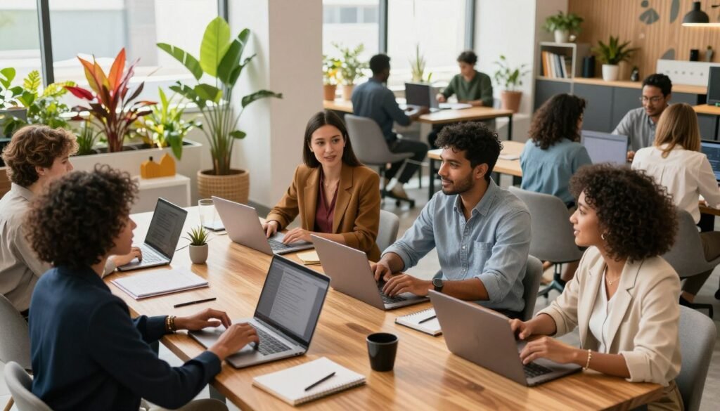 A modern coworking space in Dakar, showcasing a vibrant and collaborative environment. In the foreground, a diverse group of professionals, including a Black woman in a smart blazer, a South Asian man in a casual button-up, and a mixed-ethnic woman in business-casual attire, are engaged in lively discussion around a sleek wooden table covered with laptops and notebooks. In the middle ground, colorful plants and artistic decor enliven the space, while other individuals work on laptops at shared desks. The background features large windows allowing natural light to flood in, casting soft shadows. The overall mood is energetic and innovative, with a focus on collaboration and professional development, captured from a slightly elevated angle for a dynamic perspective. A modern coworking space in Dakar, showcasing a vibrant and collaborative environment. In the foreground, a diverse group of professionals, including a Black woman in a smart blazer, a South Asian man in a casual button-up, and a mixed-ethnic woman in business-casual attire, are engaged in lively discussion around a sleek wooden table covered with laptops and notebooks. In the middle ground, colorful plants and artistic decor enliven the space, while other individuals work on laptops at shared desks. The background features large windows allowing natural light to flood in, casting soft shadows. The overall mood is energetic and innovative, with a focus on collaboration and professional development, captured from a slightly elevated angle for a dynamic perspective.
