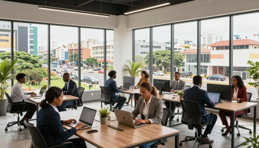 A modern coworking space set in a vibrant urban environment, showcasing a strategic location in Abidjan. In the foreground, diverse professionals in smart business attire engage in collaborative work around sleek, contemporary desks with laptops. The middle ground features large, airy windows offering a view of the bustling city streets, with greenery visible outside for a refreshing contrast. In the background, iconic Abidjan architecture can be seen, emphasizing the location's accessibility and appeal. Bright, natural lighting floods the space, creating an energizing atmosphere. Use a wide-angle lens to capture the spaciousness and modern design of the coworking area, enhancing a sense of community and productivity. The overall mood is dynamic and inviting, perfect for professionals seeking collaboration and inspiration. A modern coworking space set in a vibrant urban environment, showcasing a strategic location in Abidjan. In the foreground, diverse professionals in smart business attire engage in collaborative work around sleek, contemporary desks with laptops. The middle ground features large, airy windows offering a view of the bustling city streets, with greenery visible outside for a refreshing contrast. In the background, iconic Abidjan architecture can be seen, emphasizing the location's accessibility and appeal. Bright, natural lighting floods the space, creating an energizing atmosphere. Use a wide-angle lens to capture the spaciousness and modern design of the coworking area, enhancing a sense of community and productivity. The overall mood is dynamic and inviting, perfect for professionals seeking collaboration and inspiration.