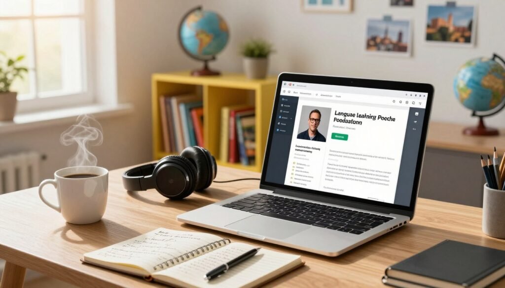 A modern, cozy workspace featuring an inviting desk with an open laptop displaying a language learning podcast interface, a pair of high-quality headphones resting nearby. In the foreground, a steaming cup of coffee and a notepad filled with notes on language and culture. The middle ground showcases a colorful bookshelf filled with cultural books and podcasts about language learning, with decorative items like globes and travel photos to enhance the atmosphere. The background features a large window letting in warm sunlight, creating a comforting and inspiring ambiance. The overall mood is one of productivity and curiosity, inviting viewers to engage with the resources for language learning. Use soft, natural lighting to evoke a sense of warmth and motivation. A modern, cozy workspace featuring an inviting desk with an open laptop displaying a language learning podcast interface, a pair of high-quality headphones resting nearby. In the foreground, a steaming cup of coffee and a notepad filled with notes on language and culture. The middle ground showcases a colorful bookshelf filled with cultural books and podcasts about language learning, with decorative items like globes and travel photos to enhance the atmosphere. The background features a large window letting in warm sunlight, creating a comforting and inspiring ambiance. The overall mood is one of productivity and curiosity, inviting viewers to engage with the resources for language learning. Use soft, natural lighting to evoke a sense of warmth and motivation.