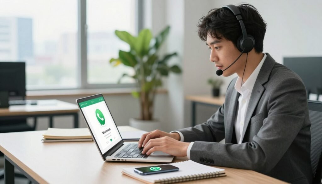 A modern customer support scenario showcasing a professional in business attire, engaging through a WhatsApp interface on a sleek laptop. In the foreground, depict the user intently typing, with a focused expression, surrounded by notebooks and a smartphone displaying the WhatsApp logo. The middle layer should feature a stylish office setting, with soft natural lighting coming from a large window, plants in the background to create a fresh atmosphere, and a minimalist desk design. The background should include a hint of a city skyline outside the window, suggesting connectivity and a bustling environment. The overall mood is one of professionalism and responsiveness, with an emphasis on user experience and digital communication. A modern customer support scenario showcasing a professional in business attire, engaging through a WhatsApp interface on a sleek laptop. In the foreground, depict the user intently typing, with a focused expression, surrounded by notebooks and a smartphone displaying the WhatsApp logo. The middle layer should feature a stylish office setting, with soft natural lighting coming from a large window, plants in the background to create a fresh atmosphere, and a minimalist desk design. The background should include a hint of a city skyline outside the window, suggesting connectivity and a bustling environment. The overall mood is one of professionalism and responsiveness, with an emphasis on user experience and digital communication.