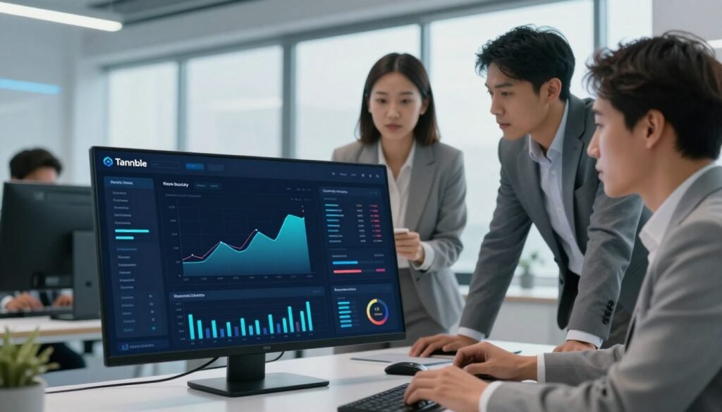 A modern cybersecurity management platform interface showcasing key features of Tenable. In the foreground, a sleek, interactive dashboard displays vibrant graphs, charts, and data analytics reflecting real-time security assessments. In the middle ground, a diverse team of professionals in business attire collaborates focused on the screen, representing technology and teamwork. The background features a futuristic office setting with large windows, soft natural lighting, and high-tech devices, creating a clean, professional atmosphere. The composition emphasizes innovation and security, with an overall mood of confidence and clarity. Capture the scene from a slight angle to enhance depth and engagement, ensuring a clear focus on the platform's functionality. A modern cybersecurity management platform interface showcasing key features of Tenable. In the foreground, a sleek, interactive dashboard displays vibrant graphs, charts, and data analytics reflecting real-time security assessments. In the middle ground, a diverse team of professionals in business attire collaborates focused on the screen, representing technology and teamwork. The background features a futuristic office setting with large windows, soft natural lighting, and high-tech devices, creating a clean, professional atmosphere. The composition emphasizes innovation and security, with an overall mood of confidence and clarity. Capture the scene from a slight angle to enhance depth and engagement, ensuring a clear focus on the platform's functionality.