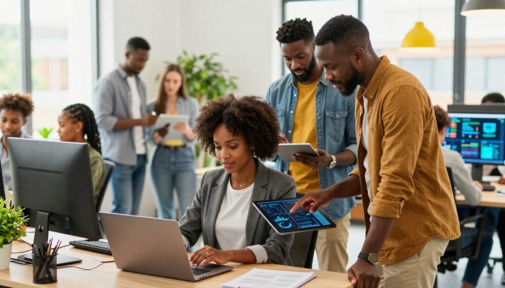 A modern digital technology workspace in Africa, featuring a diverse group of professionals collaborating on innovative projects. In the foreground, a young African woman in business attire is focused on her laptop, while an African man in smart casual clothing points at a digital tablet displaying data analytics. The middle ground showcases a vibrant office with bright colors, digital screens showing technology graphs, and greenery enhancing the atmosphere. In the background, large windows allow natural light to flood the space, providing a warm ambiance. The scene conveys a sense of collaboration, growth, and opportunity, with a hopeful and energetic mood, captured from an eye-level angle to emphasize inclusivity and professionalism. A modern digital technology workspace in Africa, featuring a diverse group of professionals collaborating on innovative projects. In the foreground, a young African woman in business attire is focused on her laptop, while an African man in smart casual clothing points at a digital tablet displaying data analytics. The middle ground showcases a vibrant office with bright colors, digital screens showing technology graphs, and greenery enhancing the atmosphere. In the background, large windows allow natural light to flood the space, providing a warm ambiance. The scene conveys a sense of collaboration, growth, and opportunity, with a hopeful and energetic mood, captured from an eye-level angle to emphasize inclusivity and professionalism.