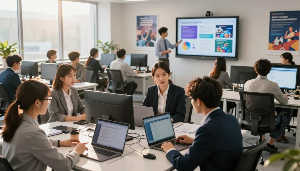 A modern digital training center bustling with energy, featuring young adults engaged in various employability programs. In the foreground, a diverse group of individuals, dressed in professional business attire, are interacting around a sleek, high-tech workspace, discussing ideas and collaborating on laptops. In the middle ground, an instructor is presenting on a large screen, highlighting key concepts with vibrant visuals. The background includes rows of computers and motivational posters about career growth and opportunities, bathed in warm, inviting sunlight filtering through large windows. The atmosphere is dynamic and inspiring, conveying a sense of learning and empowerment, with subtle lighting enhancing the focus on teamwork and engagement. A modern digital training center bustling with energy, featuring young adults engaged in various employability programs. In the foreground, a diverse group of individuals, dressed in professional business attire, are interacting around a sleek, high-tech workspace, discussing ideas and collaborating on laptops. In the middle ground, an instructor is presenting on a large screen, highlighting key concepts with vibrant visuals. The background includes rows of computers and motivational posters about career growth and opportunities, bathed in warm, inviting sunlight filtering through large windows. The atmosphere is dynamic and inspiring, conveying a sense of learning and empowerment, with subtle lighting enhancing the focus on teamwork and engagement.