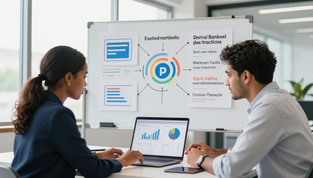 A modern digital workspace focused on SEO content optimization strategies. In the foreground, two professionals, a Black woman and a South Asian man, are collaborating over a laptop displaying graphs and analytics, dressed in smart business attire. In the middle, a whiteboard filled with colorful diagrams and bullet points outlining digital marketing tools and best practices. The background features large windows with bright, natural light streaming in, creating an energetic and inspiring atmosphere. The overall mood is dynamic and focused, with hints of greenery visible outside the windows. The image is shot with a wide-angle lens to capture the collaboration and digital environment, emphasizing teamwork in achieving marketing success. A modern digital workspace focused on SEO content optimization strategies. In the foreground, two professionals, a Black woman and a South Asian man, are collaborating over a laptop displaying graphs and analytics, dressed in smart business attire. In the middle, a whiteboard filled with colorful diagrams and bullet points outlining digital marketing tools and best practices. The background features large windows with bright, natural light streaming in, creating an energetic and inspiring atmosphere. The overall mood is dynamic and focused, with hints of greenery visible outside the windows. The image is shot with a wide-angle lens to capture the collaboration and digital environment, emphasizing teamwork in achieving marketing success.