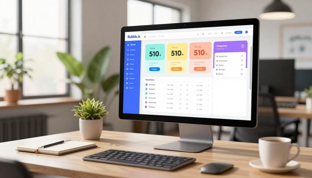 A modern, digital workspace setting showcasing a large monitor displaying a user-friendly, colorful dashboard of a no-code application builder, highlighted with various pricing plans and feature tiers. The foreground features a sleek desk with a laptop, notepad, and a cup of coffee, implying productivity and innovation. In the background, a bright, well-lit office environment with potted plants and large windows allowing natural light to flood in, creating a vibrant and inviting atmosphere. The image captures a sense of professionalism and creativity, focusing on the ease of use of no-code development tools like Bubble.io, using a wide-angle lens to emphasize depth. The lighting is soft and warm, enhancing the inviting feel while suppressing any distractions. A modern, digital workspace setting showcasing a large monitor displaying a user-friendly, colorful dashboard of a no-code application builder, highlighted with various pricing plans and feature tiers. The foreground features a sleek desk with a laptop, notepad, and a cup of coffee, implying productivity and innovation. In the background, a bright, well-lit office environment with potted plants and large windows allowing natural light to flood in, creating a vibrant and inviting atmosphere. The image captures a sense of professionalism and creativity, focusing on the ease of use of no-code development tools like Bubble.io, using a wide-angle lens to emphasize depth. The lighting is soft and warm, enhancing the inviting feel while suppressing any distractions.