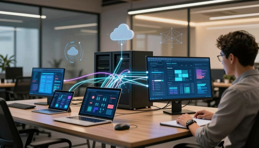 A modern digital workspace showcasing flexible technical integrations and deployment strategies. In the foreground, a professional business person in smart casual attire examines a dynamic interface on a large touchscreen, displaying interconnected software modules. In the middle ground, various digital devices—tablets, laptops, and servers—are depicted connecting seamlessly, emitting bright, vibrant lines of data to signify integration. The background features a sleek office environment with glass walls, softly illuminated by warm, ambient lighting, creating a collaborative atmosphere. Include subtle graphical representations of cloud connections and network diagrams in the air around the workspace. The overall mood is innovative and efficient, highlighting technological adaptability and collaboration. A modern digital workspace showcasing flexible technical integrations and deployment strategies. In the foreground, a professional business person in smart casual attire examines a dynamic interface on a large touchscreen, displaying interconnected software modules. In the middle ground, various digital devices—tablets, laptops, and servers—are depicted connecting seamlessly, emitting bright, vibrant lines of data to signify integration. The background features a sleek office environment with glass walls, softly illuminated by warm, ambient lighting, creating a collaborative atmosphere. Include subtle graphical representations of cloud connections and network diagrams in the air around the workspace. The overall mood is innovative and efficient, highlighting technological adaptability and collaboration.