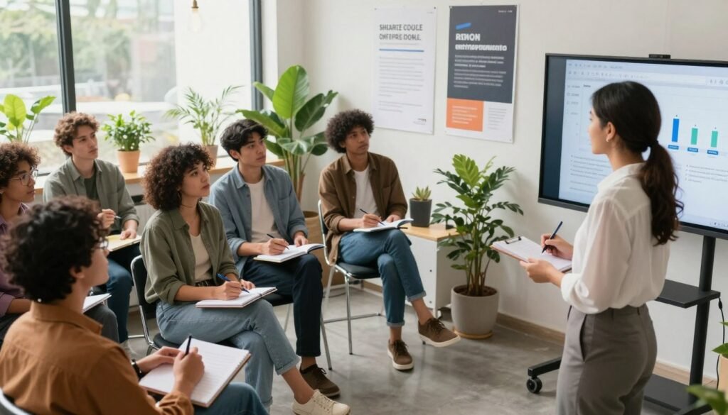 A modern, dynamic scene depicting a diverse group of young entrepreneurs engaged in a training workshop. In the foreground, a female entrepreneur in professional attire is presenting innovative ideas on a digital screen. The middle ground features a small group of attendees, including men and women from various backgrounds, actively taking notes and collaborating with one another. The background showcases an inspiring workspace filled with greenery and motivational posters about entrepreneurship and funding. Soft, natural lighting floods the room, creating an encouraging and open atmosphere. The angle is slightly elevated, capturing both the interaction among participants and the inspiring environment, reflecting hope and opportunity in the startup ecosystem. A modern, dynamic scene depicting a diverse group of young entrepreneurs engaged in a training workshop. In the foreground, a female entrepreneur in professional attire is presenting innovative ideas on a digital screen. The middle ground features a small group of attendees, including men and women from various backgrounds, actively taking notes and collaborating with one another. The background showcases an inspiring workspace filled with greenery and motivational posters about entrepreneurship and funding. Soft, natural lighting floods the room, creating an encouraging and open atmosphere. The angle is slightly elevated, capturing both the interaction among participants and the inspiring environment, reflecting hope and opportunity in the startup ecosystem.