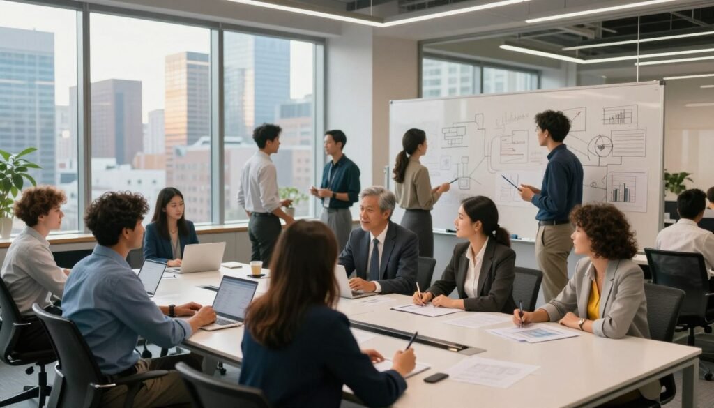A modern, dynamic startup workspace bustling with activity, illustrating innovation and rapid growth. In the foreground, a diverse group of professional individuals, dressed in smart business attire, collaborate around a sleek, high-tech conference table, discussing ideas with enthusiasm. The middle ground features a large whiteboard filled with diagrams and charts, symbolizing strategy and forward-thinking. In the background, large windows showcase a vibrant city skyline, bathed in warm, natural light, conveying a sense of opportunity and ambition. The atmosphere is energetic and inspiring, with a color palette of blues and yellows, highlighting creativity and productivity. Use a wide-angle lens to capture the entire scene, enhancing the feeling of space and collaboration in this entrepreneurial ecosystem. A modern, dynamic startup workspace bustling with activity, illustrating innovation and rapid growth. In the foreground, a diverse group of professional individuals, dressed in smart business attire, collaborate around a sleek, high-tech conference table, discussing ideas with enthusiasm. The middle ground features a large whiteboard filled with diagrams and charts, symbolizing strategy and forward-thinking. In the background, large windows showcase a vibrant city skyline, bathed in warm, natural light, conveying a sense of opportunity and ambition. The atmosphere is energetic and inspiring, with a color palette of blues and yellows, highlighting creativity and productivity. Use a wide-angle lens to capture the entire scene, enhancing the feeling of space and collaboration in this entrepreneurial ecosystem.