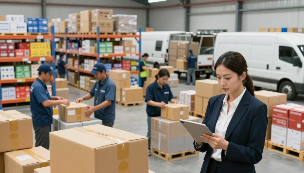 A modern e-commerce fulfillment center, bustling with activity. In the foreground, a professional woman in business attire oversees operations using a tablet. The middle ground showcases a variety of workers efficiently packing and sorting packages, all in branded uniforms, surrounded by shelves filled with colorful product boxes. The background features tall shipping racks and large delivery vehicles being loaded with packages, under bright, natural lighting that creates an energetic atmosphere. The angle captures the depth of the space, emphasizing teamwork and productivity. The mood is optimistic and focused, illustrating the seamless integration of logistics and technology in a dynamic fulfillment platform. A modern e-commerce fulfillment center, bustling with activity. In the foreground, a professional woman in business attire oversees operations using a tablet. The middle ground showcases a variety of workers efficiently packing and sorting packages, all in branded uniforms, surrounded by shelves filled with colorful product boxes. The background features tall shipping racks and large delivery vehicles being loaded with packages, under bright, natural lighting that creates an energetic atmosphere. The angle captures the depth of the space, emphasizing teamwork and productivity. The mood is optimistic and focused, illustrating the seamless integration of logistics and technology in a dynamic fulfillment platform.