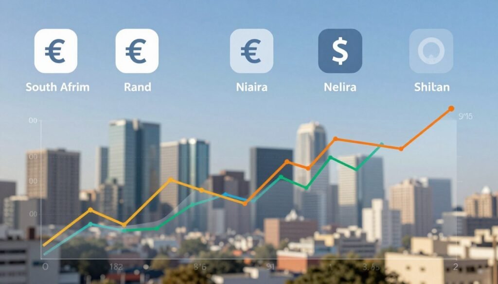 A modern financial infographic illustrating real-time currency fluctuations in Africa. In the foreground, display a dynamic line graph with vibrant colors representing various African currencies, such as the South African Rand, Nigerian Naira, and Kenyan Shilling. The middle layer features icons of currency symbols and currency converter tools, all in sleek, professional designs. In the background, include a blurred city skyline, hinting at a bustling financial district, under a clear blue sky. Use soft, natural lighting to create a clean and professional atmosphere, highlighting the importance of real-time data. The overall mood should convey urgency and innovation in currency trading, suitable for a financial article without any text or overlay distractions. A modern financial infographic illustrating real-time currency fluctuations in Africa. In the foreground, display a dynamic line graph with vibrant colors representing various African currencies, such as the South African Rand, Nigerian Naira, and Kenyan Shilling. The middle layer features icons of currency symbols and currency converter tools, all in sleek, professional designs. In the background, include a blurred city skyline, hinting at a bustling financial district, under a clear blue sky. Use soft, natural lighting to create a clean and professional atmosphere, highlighting the importance of real-time data. The overall mood should convey urgency and innovation in currency trading, suitable for a financial article without any text or overlay distractions.