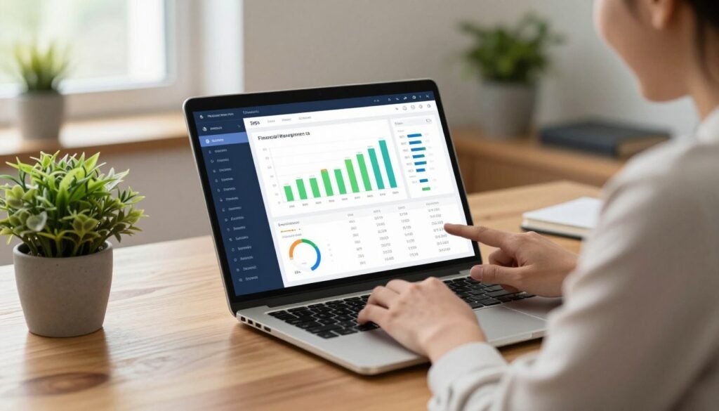 A modern financial management platform interface displayed on a sleek laptop, positioned on a wooden desk with a stylish decorative plant nearby. In the foreground, a friendly business professional in smart casual attire engages with the screen, showcasing an interactive dashboard with vivid graphs and analytical tools presenting seamless bank integration. The middle ground features a clear view of the laptop screen, highlighting financial data visualizations in crisp colors. In the background, an inviting workspace with soft natural light filtering through a window, creating a calm and organized atmosphere. The overall mood conveys clarity, efficiency, and professionalism, embodying the essence of centralized financial management. A modern financial management platform interface displayed on a sleek laptop, positioned on a wooden desk with a stylish decorative plant nearby. In the foreground, a friendly business professional in smart casual attire engages with the screen, showcasing an interactive dashboard with vivid graphs and analytical tools presenting seamless bank integration. The middle ground features a clear view of the laptop screen, highlighting financial data visualizations in crisp colors. In the background, an inviting workspace with soft natural light filtering through a window, creating a calm and organized atmosphere. The overall mood conveys clarity, efficiency, and professionalism, embodying the essence of centralized financial management.