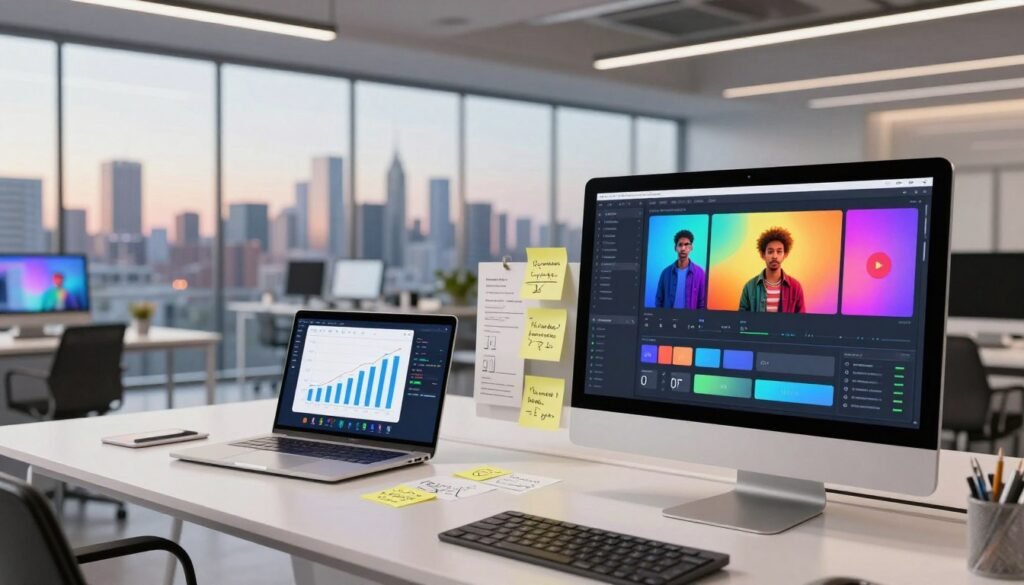 A modern, high-tech workspace showcasing the key features of Renderforest's AI video generator. In the foreground, a desktop computer screen displays an animated interface with vibrant visuals representing video editing tools, templates, and customization options. The middle section features an open laptop with graphs and data analytics, surrounded by sticky notes with creative ideas. In the background, a sleek glass wall reveals a panoramic view of a city skyline under soft, ambient evening lighting. The atmosphere is dynamic and innovative, emphasizing creativity and professionalism. Use a wide-angle lens to capture the spacious work environment, and ensure the colors are bright and inviting, enhancing the futuristic vibe. No people are present in the image. A modern, high-tech workspace showcasing the key features of Renderforest's AI video generator. In the foreground, a desktop computer screen displays an animated interface with vibrant visuals representing video editing tools, templates, and customization options. The middle section features an open laptop with graphs and data analytics, surrounded by sticky notes with creative ideas. In the background, a sleek glass wall reveals a panoramic view of a city skyline under soft, ambient evening lighting. The atmosphere is dynamic and innovative, emphasizing creativity and professionalism. Use a wide-angle lens to capture the spacious work environment, and ensure the colors are bright and inviting, enhancing the futuristic vibe. No people are present in the image.