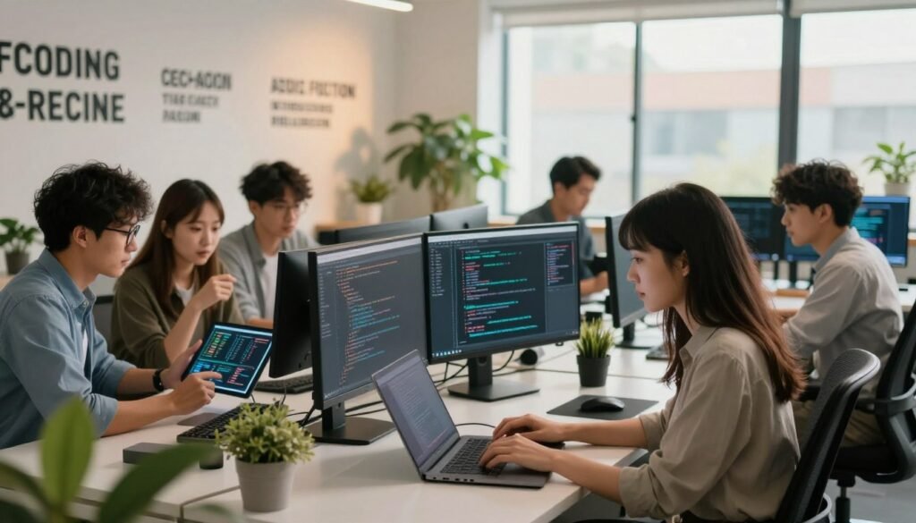 A modern, immersive software development environment, featuring a diverse group of young professionals working collaboratively at sleek, high-tech desks. In the foreground, a focused young woman types intently on her laptop, surrounded by dual monitors filled with code and graphics. To her left, a man with glasses analyzes data on a digital tablet, deep in discussion with a colleague beside him. The middle ground showcases a vibrant open office space decorated with inspirational coding quotes on the walls, with plants that add a touch of greenery. In the background, large windows let in warm, natural light, enhancing the creative atmosphere. Use a soft-focus effect to create depth, and capture a dynamic, energetic mood that emphasizes teamwork and innovation in software development. A modern, immersive software development environment, featuring a diverse group of young professionals working collaboratively at sleek, high-tech desks. In the foreground, a focused young woman types intently on her laptop, surrounded by dual monitors filled with code and graphics. To her left, a man with glasses analyzes data on a digital tablet, deep in discussion with a colleague beside him. The middle ground showcases a vibrant open office space decorated with inspirational coding quotes on the walls, with plants that add a touch of greenery. In the background, large windows let in warm, natural light, enhancing the creative atmosphere. Use a soft-focus effect to create depth, and capture a dynamic, energetic mood that emphasizes teamwork and innovation in software development.