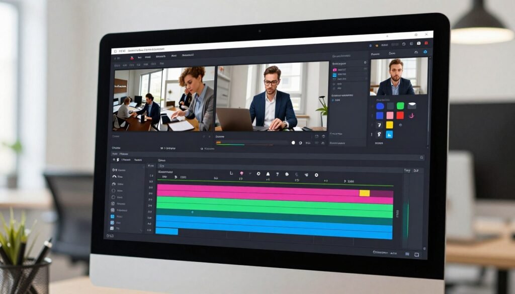 A modern, intuitive video creation interface displayed on a sleek computer monitor, which shows an array of vibrant video clips being edited seamlessly. In the foreground, the monitor features clean, user-friendly controls with colorful icons and an organized timeline. In the middle, a focused individual in professional attire is interacting with the software, showcasing a sense of engagement and ease of use. The background includes a contemporary office environment with soft, natural lighting and minimalistic décor, creating a productive atmosphere. The overall mood is inspiring and dynamic, highlighting creativity and innovation in video editing while emphasizing an easy-to-navigate experience. The angle captures both the user and the screen effectively, with a blurred depth of field that enhances the focus on the video interface. A modern, intuitive video creation interface displayed on a sleek computer monitor, which shows an array of vibrant video clips being edited seamlessly. In the foreground, the monitor features clean, user-friendly controls with colorful icons and an organized timeline. In the middle, a focused individual in professional attire is interacting with the software, showcasing a sense of engagement and ease of use. The background includes a contemporary office environment with soft, natural lighting and minimalistic décor, creating a productive atmosphere. The overall mood is inspiring and dynamic, highlighting creativity and innovation in video editing while emphasizing an easy-to-navigate experience. The angle captures both the user and the screen effectively, with a blurred depth of field that enhances the focus on the video interface.
