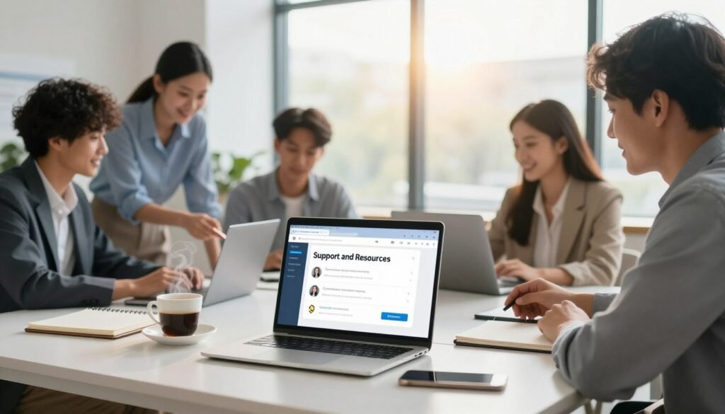 A modern, inviting workspace illustrating "Support and Resources." In the foreground, a well-organized desk with a laptop displaying customer support chat, a notebook, and a steaming cup of coffee. In the middle ground, there are diverse professional individuals collaborating, dressed in business attire, discussing resources and strategies with smiles, showcasing teamwork and support. In the background, a large window reveals a bright, sunny day outside, symbolizing optimism. Soft, warm lighting adds a welcoming ambiance to the scene, while a slight focus blur behind the main subjects creates depth. The overall mood is one of reassurance, indicating that assistance is readily available, emphasizing the notion that help is always at hand for those creating their professional websites. A modern, inviting workspace illustrating "Support and Resources." In the foreground, a well-organized desk with a laptop displaying customer support chat, a notebook, and a steaming cup of coffee. In the middle ground, there are diverse professional individuals collaborating, dressed in business attire, discussing resources and strategies with smiles, showcasing teamwork and support. In the background, a large window reveals a bright, sunny day outside, symbolizing optimism. Soft, warm lighting adds a welcoming ambiance to the scene, while a slight focus blur behind the main subjects creates depth. The overall mood is one of reassurance, indicating that assistance is readily available, emphasizing the notion that help is always at hand for those creating their professional websites.