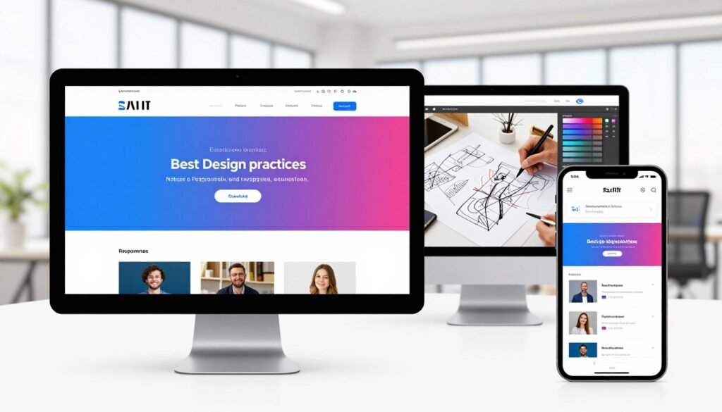 A modern landing page design concept displayed on multiple devices, including a desktop and a smartphone, showcasing best design practices and responsiveness. In the foreground, the desktop screen features a clean layout with vibrant colors, clear calls-to-action, and visually appealing images. The smartphone in the foreground presents a mobile-optimized version, emphasizing seamless user experience. In the middle, a thoughtfully arranged workspace shows a designer sketching ideas, surrounded by design tools like color palettes and wireframes. The background is a bright, airy office environment with large windows allowing natural light to flood in, creating an inspiring atmosphere. The overall mood is innovative and professional, highlighting creativity and efficiency in digital design. A modern landing page design concept displayed on multiple devices, including a desktop and a smartphone, showcasing best design practices and responsiveness. In the foreground, the desktop screen features a clean layout with vibrant colors, clear calls-to-action, and visually appealing images. The smartphone in the foreground presents a mobile-optimized version, emphasizing seamless user experience. In the middle, a thoughtfully arranged workspace shows a designer sketching ideas, surrounded by design tools like color palettes and wireframes. The background is a bright, airy office environment with large windows allowing natural light to flood in, creating an inspiring atmosphere. The overall mood is innovative and professional, highlighting creativity and efficiency in digital design.