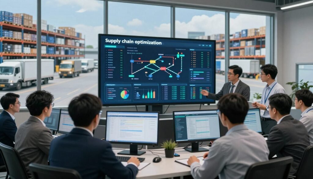 A modern logistics control room illustrating "supply chain optimization." In the foreground, a diverse group of professionals in business attire actively discussing strategies and analyzing charts on digital screens displaying logistics data. In the middle ground, a large touchscreen interface shows real-time supply chain metrics, with detailed graphics of transport routes and inventory levels. The background features a panoramic view of a bustling warehouse with organized shelves, delivery trucks being loaded, and a clear blue sky visible through large windows. Soft, natural lighting emphasizes a focused atmosphere, while a slight depth of field helps to highlight the professionals in the foreground. The overall mood is dynamic and collaborative, showcasing efficiency and teamwork in supply chain management. A modern logistics control room illustrating "supply chain optimization." In the foreground, a diverse group of professionals in business attire actively discussing strategies and analyzing charts on digital screens displaying logistics data. In the middle ground, a large touchscreen interface shows real-time supply chain metrics, with detailed graphics of transport routes and inventory levels. The background features a panoramic view of a bustling warehouse with organized shelves, delivery trucks being loaded, and a clear blue sky visible through large windows. Soft, natural lighting emphasizes a focused atmosphere, while a slight depth of field helps to highlight the professionals in the foreground. The overall mood is dynamic and collaborative, showcasing efficiency and teamwork in supply chain management.