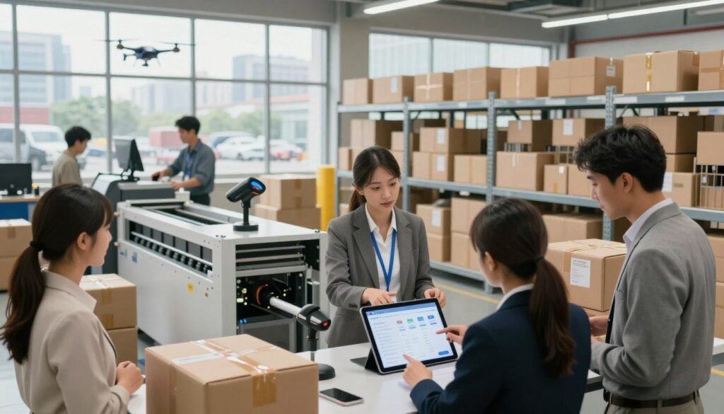 A modern logistics hub illustrating key Shippo features for efficient shipping. In the foreground, a diverse group of professionals in business attire collaborate over a digital tablet displaying shipping metrics and analytics. The middle ground features shelves stocked with packages of various sizes and a high-tech shipping station, including barcode scanners and automated sorting systems. In the background, large windows reveal a cityscape with vehicles and drones, symbolizing swift delivery. Soft, natural lighting highlights the professionalism and dynamism of the environment, creating an atmosphere of collaboration and innovation. The composition should be clear and focused, emphasizing the efficiency and modernity of logistics solutions. A modern logistics hub illustrating key Shippo features for efficient shipping. In the foreground, a diverse group of professionals in business attire collaborate over a digital tablet displaying shipping metrics and analytics. The middle ground features shelves stocked with packages of various sizes and a high-tech shipping station, including barcode scanners and automated sorting systems. In the background, large windows reveal a cityscape with vehicles and drones, symbolizing swift delivery. Soft, natural lighting highlights the professionalism and dynamism of the environment, creating an atmosphere of collaboration and innovation. The composition should be clear and focused, emphasizing the efficiency and modernity of logistics solutions.
