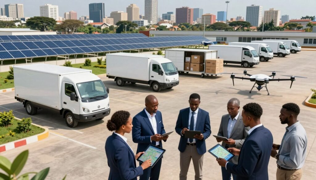 A modern logistics hub in an African setting, showcasing innovative transportation methods. In the foreground, a diverse team of professionals in smart business attire is engaged in a strategy discussion over digital tablets, analyzing maps and data. In the middle ground, electric delivery vehicles and cargo drones are seen efficiently loading and unloading goods, illustrating advanced technology in logistics. The background features a bustling city skyline with solar panels on roofs and green spaces, symbolizing sustainability. The scene is illuminated with bright daylight, casting dynamic shadows, and captured with a wide-angle lens to emphasize the scale of innovation. The atmosphere is optimistic and forward-thinking, highlighting a blend of tradition and modernity in African logistics solutions. A modern logistics hub in an African setting, showcasing innovative transportation methods. In the foreground, a diverse team of professionals in smart business attire is engaged in a strategy discussion over digital tablets, analyzing maps and data. In the middle ground, electric delivery vehicles and cargo drones are seen efficiently loading and unloading goods, illustrating advanced technology in logistics. The background features a bustling city skyline with solar panels on roofs and green spaces, symbolizing sustainability. The scene is illuminated with bright daylight, casting dynamic shadows, and captured with a wide-angle lens to emphasize the scale of innovation. The atmosphere is optimistic and forward-thinking, highlighting a blend of tradition and modernity in African logistics solutions.
