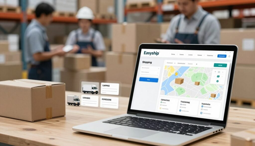 A modern logistics platform interface showcasing key functionalities of Easyship. In the foreground, a sleek laptop displays a visually appealing dashboard featuring shipping metrics, package tracking maps, and integration options. The middle layer includes elements like boxes, delivery trucks, and shipping labels arranged in an organized manner, symbolizing the efficiency of logistics. In the background, a blurred warehouse scene with workers dressed in professional business attire, collaborating over shipping tasks, adds depth and context. Soft, natural lighting illuminates the scene, creating an inviting and productive atmosphere. The camera angle is slightly elevated, providing a comprehensive view of the workspace, emphasizing organization and technology in logistics. A modern logistics platform interface showcasing key functionalities of Easyship. In the foreground, a sleek laptop displays a visually appealing dashboard featuring shipping metrics, package tracking maps, and integration options. The middle layer includes elements like boxes, delivery trucks, and shipping labels arranged in an organized manner, symbolizing the efficiency of logistics. In the background, a blurred warehouse scene with workers dressed in professional business attire, collaborating over shipping tasks, adds depth and context. Soft, natural lighting illuminates the scene, creating an inviting and productive atmosphere. The camera angle is slightly elevated, providing a comprehensive view of the workspace, emphasizing organization and technology in logistics.