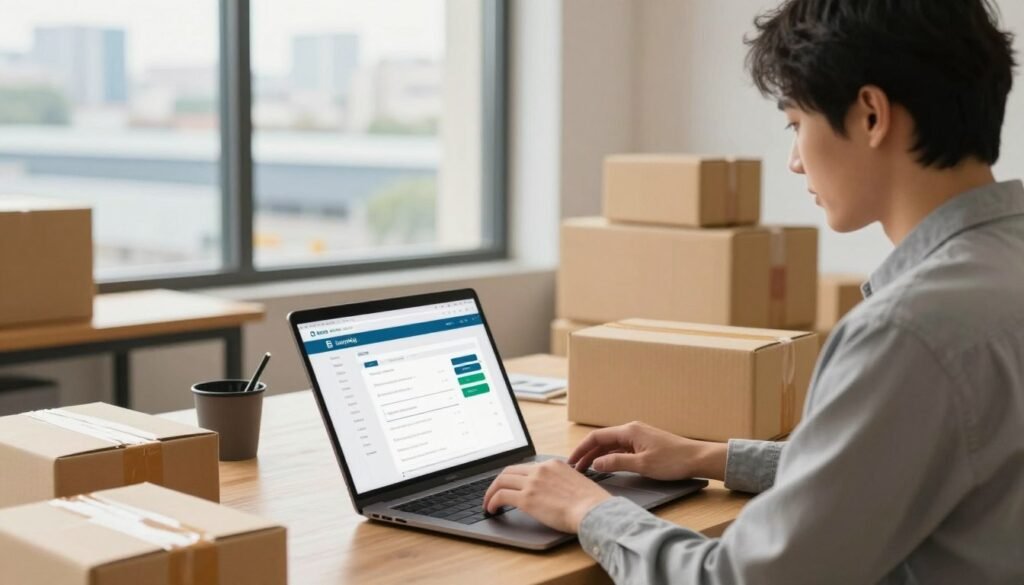 A modern logistics workspace showcasing a seamless start to using Easyship. In the foreground, a professional individual, dressed in smart casual attire, is interacting with a sleek laptop displaying the Easyship dashboard. Their focused expression conveys a sense of ease and efficiency. In the middle, various logistics tools and shipping boxes are organized neatly, symbolizing an organized workflow. The background features large windows allowing natural light to flood the room, with a view of an urban cityscapes and warehouse, indicating connectivity and access. Soft, warm lighting enhances the welcoming atmosphere, with a shallow depth of field emphasizing the user’s engagement with the technology. A modern logistics workspace showcasing a seamless start to using Easyship. In the foreground, a professional individual, dressed in smart casual attire, is interacting with a sleek laptop displaying the Easyship dashboard. Their focused expression conveys a sense of ease and efficiency. In the middle, various logistics tools and shipping boxes are organized neatly, symbolizing an organized workflow. The background features large windows allowing natural light to flood the room, with a view of an urban cityscapes and warehouse, indicating connectivity and access. Soft, warm lighting enhances the welcoming atmosphere, with a shallow depth of field emphasizing the user’s engagement with the technology.