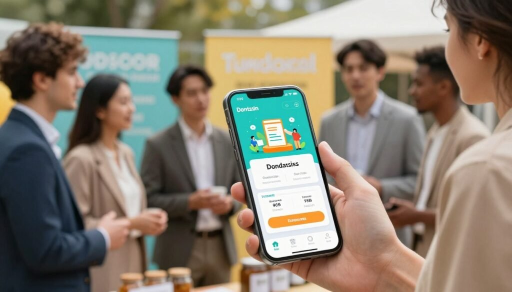 A modern mobile application interface for contactless fundraising, prominently displayed on a sleek smartphone in the foreground. The screen features vivid graphics showcasing donation options and ticket sales, appealing to users. In the middle ground, a diverse group of people – men and women dressed in professional business attire – engage in conversation, one holding the smartphone and others showing interest in the app. In the background, a cozy outdoor fundraising event takes place, with colorful banners and tables filled with donation jars. Soft, warm lighting casts a welcoming atmosphere, with a shallow depth of field to emphasize the smartphone and its interface, creating a sense of dynamic interaction and community support. A modern mobile application interface for contactless fundraising, prominently displayed on a sleek smartphone in the foreground. The screen features vivid graphics showcasing donation options and ticket sales, appealing to users. In the middle ground, a diverse group of people – men and women dressed in professional business attire – engage in conversation, one holding the smartphone and others showing interest in the app. In the background, a cozy outdoor fundraising event takes place, with colorful banners and tables filled with donation jars. Soft, warm lighting casts a welcoming atmosphere, with a shallow depth of field to emphasize the smartphone and its interface, creating a sense of dynamic interaction and community support.