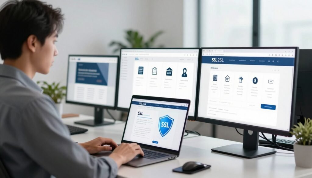 A modern office environment depicting a business professional, dressed in smart casual attire, seated at a sleek desk with multiple computer screens displaying SSL certificate options. In the foreground, focus on a close-up of the screens showcasing various SSL plan choices with icons and features highlighted. In the middle ground, an open laptop displays a website security webpage and a digital shield symbolizing protection. The background features a bright, airy office space with minimalistic decor and plants, enhancing the feeling of professionalism and security. Soft, natural lighting illuminates the scene, creating a calm and focused atmosphere, with a slightly angled perspective to capture depth and interest in the composition. A modern office environment depicting a business professional, dressed in smart casual attire, seated at a sleek desk with multiple computer screens displaying SSL certificate options. In the foreground, focus on a close-up of the screens showcasing various SSL plan choices with icons and features highlighted. In the middle ground, an open laptop displays a website security webpage and a digital shield symbolizing protection. The background features a bright, airy office space with minimalistic decor and plants, enhancing the feeling of professionalism and security. Soft, natural lighting illuminates the scene, creating a calm and focused atmosphere, with a slightly angled perspective to capture depth and interest in the composition.