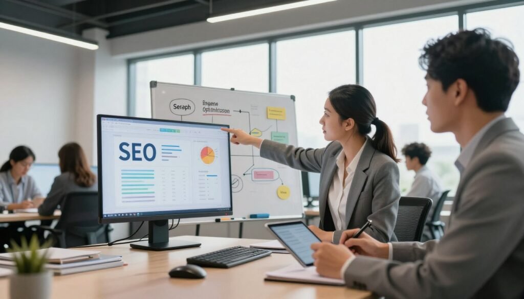 A modern office environment featuring a diverse group of professionals engaged in a collaborative brainstorming session focused on SEO and SEA strategies. In the foreground, a smartly dressed woman points at a digital screen displaying SEO analytics, while a man takes notes on a tablet. The middle ground showcases a large whiteboard filled with colorful diagrams and keywords related to search engine optimization. The background features large windows allowing natural light to filter in, giving a bright and inspiring atmosphere. The room is equipped with sleek furniture and tech gadgets. Use soft, diffused lighting to create a warm, productive mood, captured from a slight low-angle perspective to emphasize the professionalism and teamwork involved in developing customer acquisition strategies. A modern office environment featuring a diverse group of professionals engaged in a collaborative brainstorming session focused on SEO and SEA strategies. In the foreground, a smartly dressed woman points at a digital screen displaying SEO analytics, while a man takes notes on a tablet. The middle ground showcases a large whiteboard filled with colorful diagrams and keywords related to search engine optimization. The background features large windows allowing natural light to filter in, giving a bright and inspiring atmosphere. The room is equipped with sleek furniture and tech gadgets. Use soft, diffused lighting to create a warm, productive mood, captured from a slight low-angle perspective to emphasize the professionalism and teamwork involved in developing customer acquisition strategies.