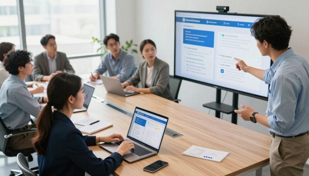 A modern office environment featuring a diverse group of professionals engaged in a collaborative meeting about client support and user experience for an online recruitment platform. In the foreground, a focused woman in smart business attire analyzes data on a laptop, while a man beside her gestures towards a large screen displaying user interface designs and client feedback charts. The middle background shows a large conference table with additional team members discussing ideas, taking notes, and interacting with digital devices. The lighting is bright and natural, coming from large windows, creating an inviting atmosphere filled with energy and innovation. Capture this scene with a slightly elevated, wide-angle perspective to show the collaborative spirit of the work environment. A modern office environment featuring a diverse group of professionals engaged in a collaborative meeting about client support and user experience for an online recruitment platform. In the foreground, a focused woman in smart business attire analyzes data on a laptop, while a man beside her gestures towards a large screen displaying user interface designs and client feedback charts. The middle background shows a large conference table with additional team members discussing ideas, taking notes, and interacting with digital devices. The lighting is bright and natural, coming from large windows, creating an inviting atmosphere filled with energy and innovation. Capture this scene with a slightly elevated, wide-angle perspective to show the collaborative spirit of the work environment.