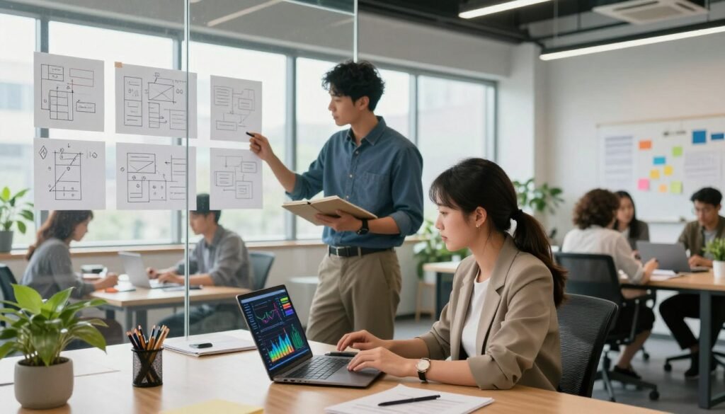 A modern office environment featuring a diverse team of professionals engaged in content creation and performance tracking. In the foreground, a focused woman in smart casual attire is analyzing digital graphs on a laptop, with colorful charts indicating data performance. In the middle, a man discussing strategies with a notepad, surrounded by brainstorming flowcharts on a glass wall. The background showcases large windows allowing natural light to fill the space, with elements like a whiteboard filled with ideas, plants, and a creative workspace. The mood is collaborative and innovative, emphasizing productivity and teamwork. Shot with a wide-angle lens to capture the dynamic atmosphere. A modern office environment featuring a diverse team of professionals engaged in content creation and performance tracking. In the foreground, a focused woman in smart casual attire is analyzing digital graphs on a laptop, with colorful charts indicating data performance. In the middle, a man discussing strategies with a notepad, surrounded by brainstorming flowcharts on a glass wall. The background showcases large windows allowing natural light to fill the space, with elements like a whiteboard filled with ideas, plants, and a creative workspace. The mood is collaborative and innovative, emphasizing productivity and teamwork. Shot with a wide-angle lens to capture the dynamic atmosphere.