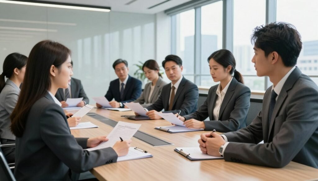 A modern office environment featuring a professional job interview scene. In the foreground, two candidates, a woman in smart business attire and a man in a tailored suit, are seated at a sleek conference table. The middle ground shows a panel of interviewers, a diverse group of professionals in business attire, reviewing resumes and engaging in discussion. The background reveals a well-lit office with a large window showcasing a city skyline, casting natural light into the room. The atmosphere is focused and serious, conveying an air of professionalism and determination. Soft overhead lighting enhances the setting, while the angle captures the interaction between the candidates and the interviewers, emphasizing the selection process. A modern office environment featuring a professional job interview scene. In the foreground, two candidates, a woman in smart business attire and a man in a tailored suit, are seated at a sleek conference table. The middle ground shows a panel of interviewers, a diverse group of professionals in business attire, reviewing resumes and engaging in discussion. The background reveals a well-lit office with a large window showcasing a city skyline, casting natural light into the room. The atmosphere is focused and serious, conveying an air of professionalism and determination. Soft overhead lighting enhances the setting, while the angle captures the interaction between the candidates and the interviewers, emphasizing the selection process.