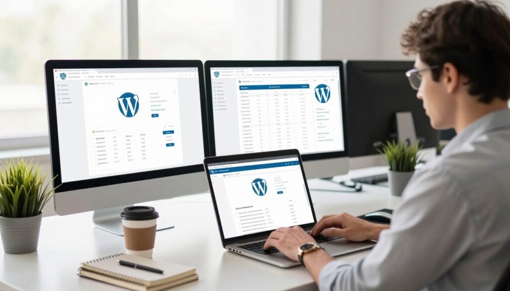 A modern office environment featuring a sleek workstation with multiple computer screens displaying WordPress optimization tools and performance statistics. In the foreground, a professional individual, wearing business casual attire, is focused on a laptop, analyzing website performance metrics. The middle ground showcases a stylish desk adorned with notepads, a coffee cup, and a small green plant, emphasizing a productive and organized workspace. The background reveals a large window with bright, natural light pouring in, illuminating the scene and creating a warm, inviting atmosphere. The overall mood conveys efficiency, professionalism, and the cutting-edge nature of optimized WordPress hosting. A modern office environment featuring a sleek workstation with multiple computer screens displaying WordPress optimization tools and performance statistics. In the foreground, a professional individual, wearing business casual attire, is focused on a laptop, analyzing website performance metrics. The middle ground showcases a stylish desk adorned with notepads, a coffee cup, and a small green plant, emphasizing a productive and organized workspace. The background reveals a large window with bright, natural light pouring in, illuminating the scene and creating a warm, inviting atmosphere. The overall mood conveys efficiency, professionalism, and the cutting-edge nature of optimized WordPress hosting.