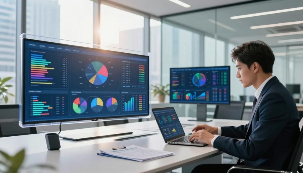 A modern office environment featuring a transparent databox filled with colorful graphs and metrics displayed on high-tech screens. In the foreground, a professional business person, dressed in formal attire, analyzes the data with a laptop in hand, looking focused and engaged. In the middle ground, a sleek, minimalist conference table holds digital devices and reports. The background showcases large glass windows revealing a city skyline, brightened by warm natural light, creating a productive atmosphere. The scene is vibrant yet organized, conveying a sense of clarity and efficiency in reporting automation. The overall mood is inspiring and professional, perfect for illustrating decisive data-driven decision-making. A modern office environment featuring a transparent databox filled with colorful graphs and metrics displayed on high-tech screens. In the foreground, a professional business person, dressed in formal attire, analyzes the data with a laptop in hand, looking focused and engaged. In the middle ground, a sleek, minimalist conference table holds digital devices and reports. The background showcases large glass windows revealing a city skyline, brightened by warm natural light, creating a productive atmosphere. The scene is vibrant yet organized, conveying a sense of clarity and efficiency in reporting automation. The overall mood is inspiring and professional, perfect for illustrating decisive data-driven decision-making.