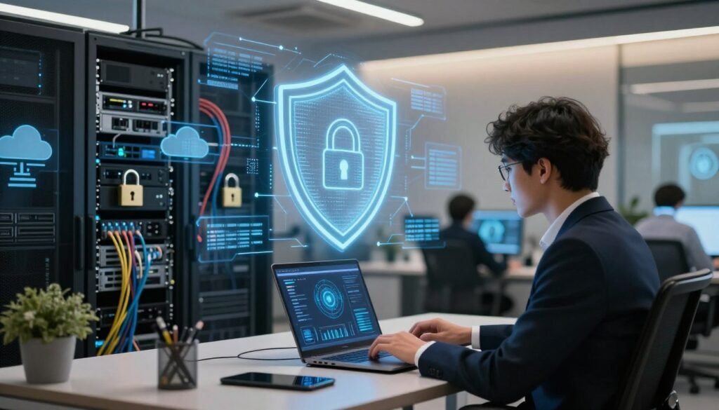 A modern office environment focused on web hosting security and reliability. In the foreground, a professional business person in smart attire sits at a desk, intently reviewing data on a laptop with cybersecurity graphics displayed on the screen. In the middle ground, a large digital security shield icon pulsates, symbolizing protection; network cables intertwined with secure locks surround a server rack. The background features subtle images of cloud computing and data centers, blurring slightly to emphasize the foreground action. Soft, warm lighting creates a welcoming yet focused atmosphere, while a wide-angle lens captures the depth of the space, enhancing a sense of trust and professionalism in web hosting services. A modern office environment focused on web hosting security and reliability. In the foreground, a professional business person in smart attire sits at a desk, intently reviewing data on a laptop with cybersecurity graphics displayed on the screen. In the middle ground, a large digital security shield icon pulsates, symbolizing protection; network cables intertwined with secure locks surround a server rack. The background features subtle images of cloud computing and data centers, blurring slightly to emphasize the foreground action. Soft, warm lighting creates a welcoming yet focused atmosphere, while a wide-angle lens captures the depth of the space, enhancing a sense of trust and professionalism in web hosting services.