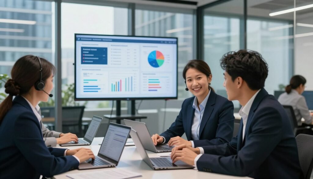 A modern office environment illustrating exceptional customer support and user experience. In the foreground, a diverse group of three professionals, dressed in smart business attire, engage in a friendly discussion around a sleek table filled with laptops and digital devices. The middle ground features a large screen displaying data analytics and user feedback, showcasing the importance of client satisfaction. The background has glass walls with a vibrant city view, under soft, natural lighting that creates a welcoming atmosphere. The camera angle is slightly elevated, providing a dynamic perspective. The mood is collaborative and positive, emphasizing teamwork and efficient support in a digital age. A modern office environment illustrating exceptional customer support and user experience. In the foreground, a diverse group of three professionals, dressed in smart business attire, engage in a friendly discussion around a sleek table filled with laptops and digital devices. The middle ground features a large screen displaying data analytics and user feedback, showcasing the importance of client satisfaction. The background has glass walls with a vibrant city view, under soft, natural lighting that creates a welcoming atmosphere. The camera angle is slightly elevated, providing a dynamic perspective. The mood is collaborative and positive, emphasizing teamwork and efficient support in a digital age.