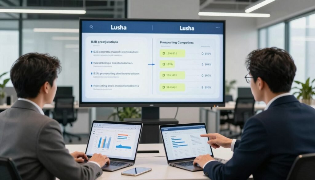 A modern office environment showcasing a B2B prospecting comparison. In the foreground, two professionals in business attire are engaged in a discussion, pointing at laptops displaying charts and graphs of various prospecting tools, including Lusha. The middle layer features a large digital screen displaying a side-by-side comparison of Lusha and its competitors with positive and negative aspects highlighted visually. In the background, sleek office furniture and large windows allow natural light to illuminate the scene, creating a bright, optimistic atmosphere. The lighting is soft yet focused, highlighting the engaged expressions of the professionals. The mood is analytical and collaboration-focused, capturing the essence of strategic business discussions. A modern office environment showcasing a B2B prospecting comparison. In the foreground, two professionals in business attire are engaged in a discussion, pointing at laptops displaying charts and graphs of various prospecting tools, including Lusha. The middle layer features a large digital screen displaying a side-by-side comparison of Lusha and its competitors with positive and negative aspects highlighted visually. In the background, sleek office furniture and large windows allow natural light to illuminate the scene, creating a bright, optimistic atmosphere. The lighting is soft yet focused, highlighting the engaged expressions of the professionals. The mood is analytical and collaboration-focused, capturing the essence of strategic business discussions.