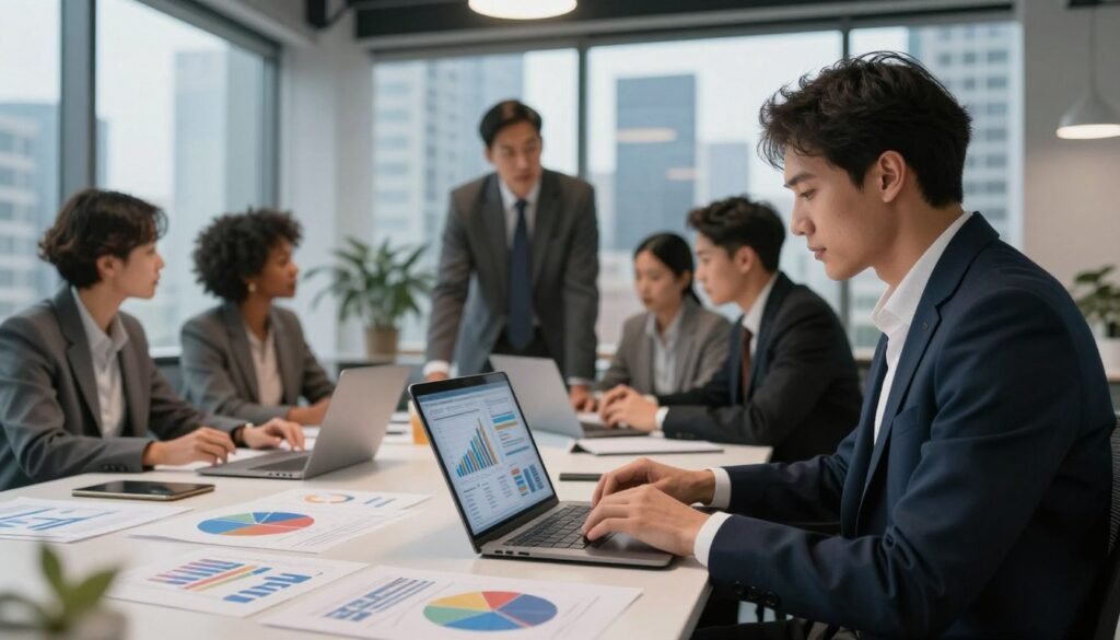 A modern office environment showcasing a collaborative workspace. In the foreground, a confident business professional in smart attire, using a laptop and analyzing market data displayed on a screen, with graphs and charts clearly visible. In the middle, a group of diverse professionals engaged in discussion, with strategic documents and colorful pie charts spread across a large table. Soft ambient lighting creates a focused atmosphere, while natural light streams in from large windows, casting gentle shadows. The background features a sleek city skyline, symbolizing a bustling market. The overall mood is analytical and innovative, representing teamwork and data-driven decision-making. A modern office environment showcasing a collaborative workspace. In the foreground, a confident business professional in smart attire, using a laptop and analyzing market data displayed on a screen, with graphs and charts clearly visible. In the middle, a group of diverse professionals engaged in discussion, with strategic documents and colorful pie charts spread across a large table. Soft ambient lighting creates a focused atmosphere, while natural light streams in from large windows, casting gentle shadows. The background features a sleek city skyline, symbolizing a bustling market. The overall mood is analytical and innovative, representing teamwork and data-driven decision-making.