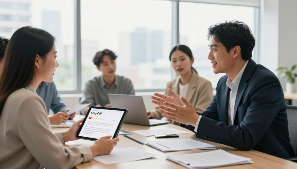 A modern office environment showcasing a diverse group of professionals engaged in a discussion about their experiences with KrispCall, a business communication solution. In the foreground, a diverse woman in business attire is holding a tablet, showing positive reviews, while a man in a suit gestures expressively, sharing his feedback. In the middle of the scene, a conference table is cluttered with documents and a laptop, suggesting an active brainstorming session. The background features large windows with bright, natural light streaming in, and a city skyline visible. The atmosphere is collaborative and optimistic, emphasizing trust and satisfaction with KrispCall. The image should be captured with a soft focus to create a warm, inviting feel, enhancing the professional mood. A modern office environment showcasing a diverse group of professionals engaged in a discussion about their experiences with KrispCall, a business communication solution. In the foreground, a diverse woman in business attire is holding a tablet, showing positive reviews, while a man in a suit gestures expressively, sharing his feedback. In the middle of the scene, a conference table is cluttered with documents and a laptop, suggesting an active brainstorming session. The background features large windows with bright, natural light streaming in, and a city skyline visible. The atmosphere is collaborative and optimistic, emphasizing trust and satisfaction with KrispCall. The image should be captured with a soft focus to create a warm, inviting feel, enhancing the professional mood.