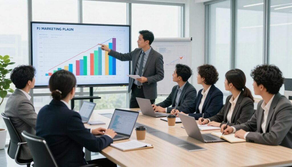 A modern office environment showcasing a diverse team of professionals in business attire engaged in a strategic meeting. In the foreground, a large digital screen displays colorful graphs and charts representing key performance indicators (KPIs) for a marketing plan. One team member points at a rising graph, while others take notes and discuss ideas. In the middle ground, a sleek conference table is strewn with laptops, notebooks, and cups of coffee, emphasizing a productive atmosphere. The background shows a large window with natural light streaming in, illuminating the room and creating an inspiring mood. The overall atmosphere conveys teamwork, analysis, and a focus on optimizing marketing strategies for business success. A modern office environment showcasing a diverse team of professionals in business attire engaged in a strategic meeting. In the foreground, a large digital screen displays colorful graphs and charts representing key performance indicators (KPIs) for a marketing plan. One team member points at a rising graph, while others take notes and discuss ideas. In the middle ground, a sleek conference table is strewn with laptops, notebooks, and cups of coffee, emphasizing a productive atmosphere. The background shows a large window with natural light streaming in, illuminating the room and creating an inspiring mood. The overall atmosphere conveys teamwork, analysis, and a focus on optimizing marketing strategies for business success.