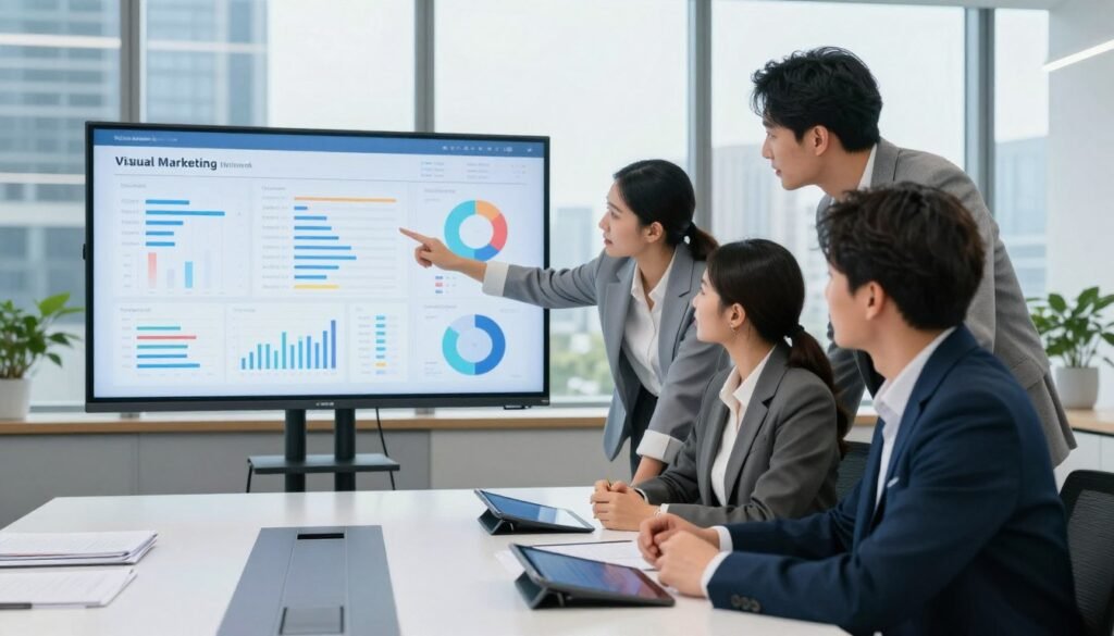 A modern office environment showcasing a visual marketing automation workflow. In the foreground, a diverse team of three professionals—two men and one woman—are analyzing workflow charts and graphs displayed on a large screen. They are dressed in smart business attire, focusing intently on the data while pointing at key metrics. In the middle ground, a sleek conference table with digital tablets and notes scattered around it indicates a collaborative atmosphere. The background features large windows letting in natural light, with cityscape views that suggest a vibrant business district. The overall mood is dynamic and innovative, highlighting the synergy between technology and marketing strategy. Use bright, clear lighting to emphasize the professionalism of the setting, capturing the essence of modern marketing automation. A modern office environment showcasing a visual marketing automation workflow. In the foreground, a diverse team of three professionals—two men and one woman—are analyzing workflow charts and graphs displayed on a large screen. They are dressed in smart business attire, focusing intently on the data while pointing at key metrics. In the middle ground, a sleek conference table with digital tablets and notes scattered around it indicates a collaborative atmosphere. The background features large windows letting in natural light, with cityscape views that suggest a vibrant business district. The overall mood is dynamic and innovative, highlighting the synergy between technology and marketing strategy. Use bright, clear lighting to emphasize the professionalism of the setting, capturing the essence of modern marketing automation.