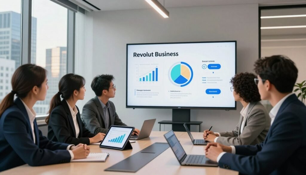 A modern office environment showcasing business professionals collaborating around a sleek conference table. In the foreground, a diverse group of four people, dressed in smart business attire, are discussing financial charts displayed on a digital tablet. The middle ground features a large wall screen highlighting key benefits of using Revolut Business, with graphs and icons representing efficiency and innovation. The background reveals a contemporary city skyline through tall windows, bathed in warm daylight, creating an inviting atmosphere. Soft, diffused lighting adds to the professional yet relaxed ambiance. The overall mood conveys progress, collaboration, and the advantages that Revolut Business offers to companies looking for innovative banking solutions. A modern office environment showcasing business professionals collaborating around a sleek conference table. In the foreground, a diverse group of four people, dressed in smart business attire, are discussing financial charts displayed on a digital tablet. The middle ground features a large wall screen highlighting key benefits of using Revolut Business, with graphs and icons representing efficiency and innovation. The background reveals a contemporary city skyline through tall windows, bathed in warm daylight, creating an inviting atmosphere. Soft, diffused lighting adds to the professional yet relaxed ambiance. The overall mood conveys progress, collaboration, and the advantages that Revolut Business offers to companies looking for innovative banking solutions.