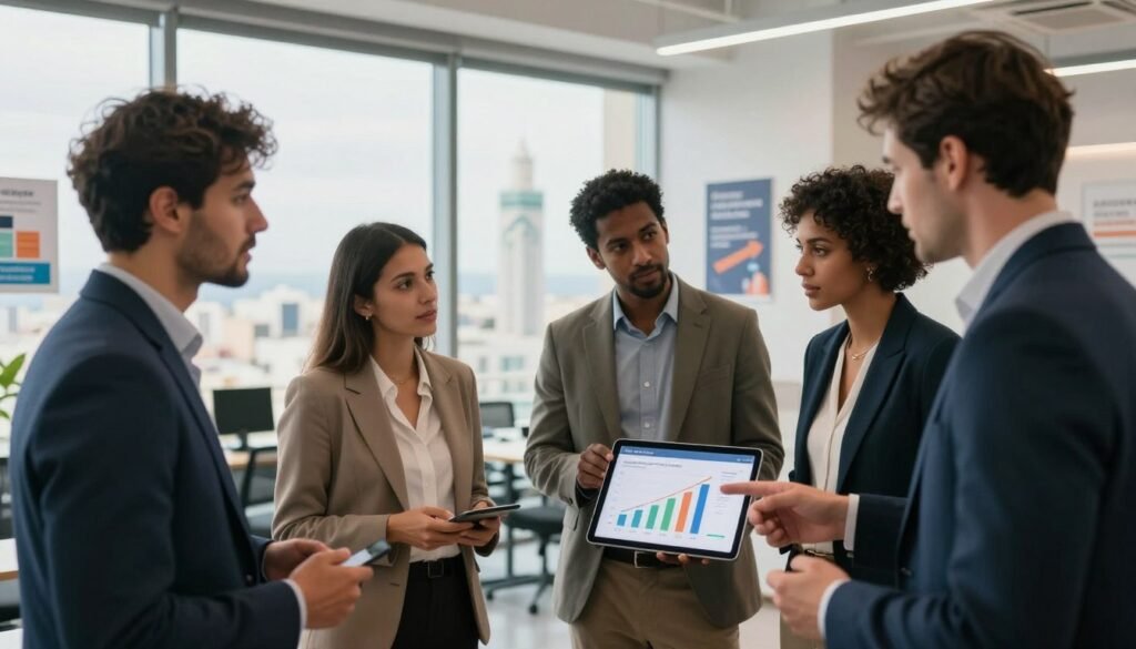 A modern office environment showcasing diverse individuals collaborating on innovative startup ideas. In the foreground, a group of four professionals, two men and two women, engaged in a discussion, all dressed in smart business attire. One person points at a digital tablet displaying graphs and charts representing funding and innovation trends. In the middle ground, a large glass window opens to a cityscape of Casablanca, symbolizing economic opportunities. The background features motivational posters on the walls, with soft, natural lighting illuminating the scene to create a bright, inspiring atmosphere. The angle captures the energy of entrepreneurship, with a subtle depth of field focusing on the group, evoking the spirit of innovation in a startup accelerator setting. A modern office environment showcasing diverse individuals collaborating on innovative startup ideas. In the foreground, a group of four professionals, two men and two women, engaged in a discussion, all dressed in smart business attire. One person points at a digital tablet displaying graphs and charts representing funding and innovation trends. In the middle ground, a large glass window opens to a cityscape of Casablanca, symbolizing economic opportunities. The background features motivational posters on the walls, with soft, natural lighting illuminating the scene to create a bright, inspiring atmosphere. The angle captures the energy of entrepreneurship, with a subtle depth of field focusing on the group, evoking the spirit of innovation in a startup accelerator setting.