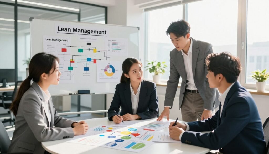 A modern office environment showcasing lean management optimization consulting. In the foreground, a diverse group of three business professionals—two men and one woman—dressed in smart business attire, are engaged in a collaborative discussion around a large round table, examining colorful charts and flow diagrams that illustrate process optimization. In the middle ground, a large whiteboard displays lean management concepts with diagrams of efficient workflows and performance metrics. The background features a bright, airy office with large windows, letting in natural sunlight that creates a warm and inviting atmosphere. The overall mood conveys professionalism, teamwork, and innovation, emphasizing a commitment to improving business processes. The viewpoint is slightly elevated, providing a clear angle of the professionals interacting while simultaneously capturing the presentation materials. A modern office environment showcasing lean management optimization consulting. In the foreground, a diverse group of three business professionals—two men and one woman—dressed in smart business attire, are engaged in a collaborative discussion around a large round table, examining colorful charts and flow diagrams that illustrate process optimization. In the middle ground, a large whiteboard displays lean management concepts with diagrams of efficient workflows and performance metrics. The background features a bright, airy office with large windows, letting in natural sunlight that creates a warm and inviting atmosphere. The overall mood conveys professionalism, teamwork, and innovation, emphasizing a commitment to improving business processes. The viewpoint is slightly elevated, providing a clear angle of the professionals interacting while simultaneously capturing the presentation materials.