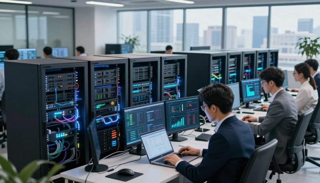A modern office environment showcasing powerful server racks and high-tech equipment, symbolizing optimized web hosting performance. In the foreground, a diverse group of professionals in business attire collaborate intently, examining data on sleek laptops and digital displays. The middle section features advanced servers with blinking lights, showcasing data flow and connectivity, surrounded by futuristic graphics illustrating performance metrics and analytics. The background reveals a large window with a city skyline, bathed in natural light, creating a bright and inspiring atmosphere. The overall mood is one of innovation and efficiency, highlighting the tools and features included with a reliable hosting service. Use a wide-angle lens to capture the dynamic workspace, emphasizing depth and detail with soft focus on the background. A modern office environment showcasing powerful server racks and high-tech equipment, symbolizing optimized web hosting performance. In the foreground, a diverse group of professionals in business attire collaborate intently, examining data on sleek laptops and digital displays. The middle section features advanced servers with blinking lights, showcasing data flow and connectivity, surrounded by futuristic graphics illustrating performance metrics and analytics. The background reveals a large window with a city skyline, bathed in natural light, creating a bright and inspiring atmosphere. The overall mood is one of innovation and efficiency, highlighting the tools and features included with a reliable hosting service. Use a wide-angle lens to capture the dynamic workspace, emphasizing depth and detail with soft focus on the background.