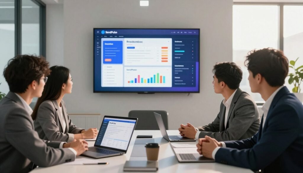 A modern office environment showcasing the SendPulse marketing platform in action. In the foreground, a diverse group of professionals in business attire collaboratively discussing marketing strategies around a sleek conference table, with a laptop displaying the SendPulse dashboard prominently positioned. The middle layer features a digital screen on the wall showcasing vibrant analytics and email campaign statistics, with graphs and charts illuminated in bright colors. The background includes large windows with natural sunlight streaming in, creating a warm and inviting atmosphere. Soft shadows and a professional color palette evoke a dynamic, productive mood, with a slight depth of field creating focus on the team’s engagement. A modern office environment showcasing the SendPulse marketing platform in action. In the foreground, a diverse group of professionals in business attire collaboratively discussing marketing strategies around a sleek conference table, with a laptop displaying the SendPulse dashboard prominently positioned. The middle layer features a digital screen on the wall showcasing vibrant analytics and email campaign statistics, with graphs and charts illuminated in bright colors. The background includes large windows with natural sunlight streaming in, creating a warm and inviting atmosphere. Soft shadows and a professional color palette evoke a dynamic, productive mood, with a slight depth of field creating focus on the team’s engagement.